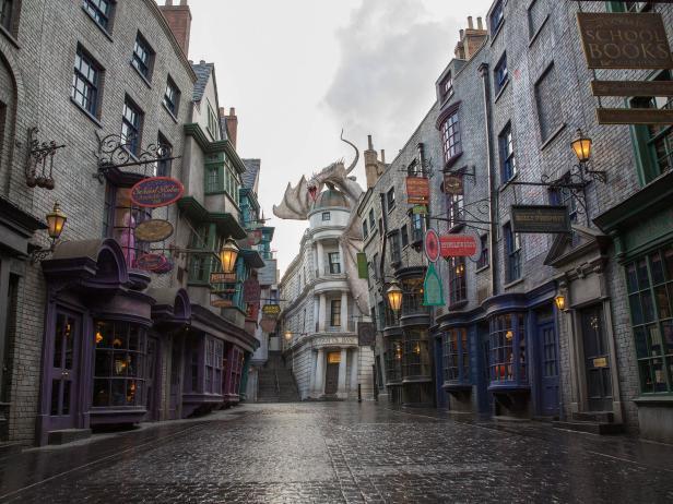 ORLANDO, FL - JUNE 18:  In this handout photo provided by Universal Orlando Resort and taken June 13, 2014, today June 18, Universal Orlando announced that The Wizarding World of Harry Potters Diagon Alley will officially open on July 8, allowing guests to experience even more of Harry Potters adventures in an all-new, magnificently-themed environment.  Located in the Universal Studios Florida theme park, The Wizarding World of Harry Potter - Diagon Alley will feature shops, dining experiences and the next generation thrill ride, Harry Potter and the Escape from Gringotts. The new immersive area will double the size of the sweeping land already found at Universals Islands of Adventure, expanding the spectacularly themed environment across both Universal theme parks and guests can journey between both lands aboard the Hogwarts Express. For additional information, visit www.UniversalOrlando.com/WizardingWorld.  (Photo by Sheri Lowen/Universal Orlando Resort via Getty Images)