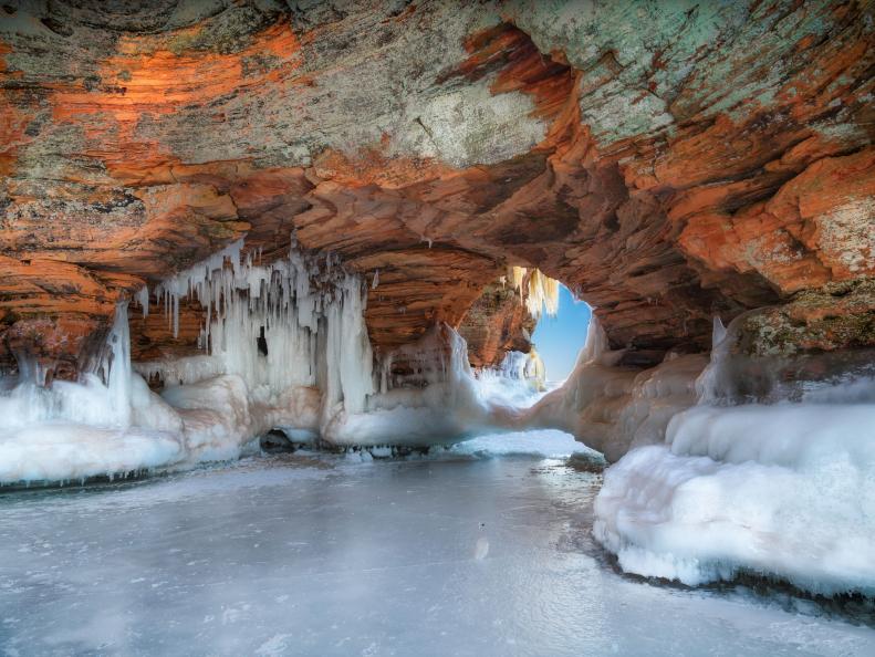 A beautiful natural arch on Lake Superior covered in ice