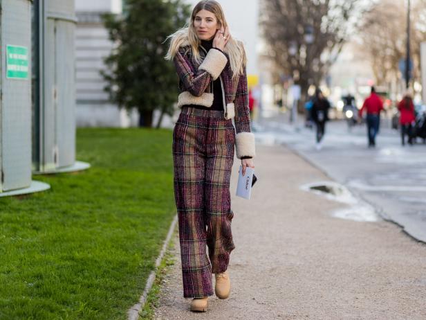 PARIS, FRANCE - MARCH 02: Veronika Heilbrunner wearing a checked Chloe suit, brown leather boots outside Chloe on March 2, 2017 in Paris, France. (Photo by Christian Vierig/Getty Images)