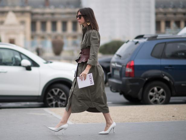 PARIS, FRANCE - MARCH 03:  Natasha Goldenberg  seen wearing a belt from Loewe in the streets before the Loewe Fashion Show on March 3, 2017 in Paris, France.  (Photo by Timur Emek/Getty Images)