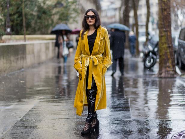 PARIS, PARIS - MARCH 04:  Nausheen Shah wearing a belted yellow coat, vinyl trousers outside Mugler on March 4, 2017 in Paris, France.  (Photo by Christian Vierig/Getty Images)