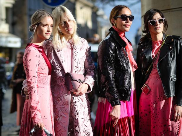 PARIS, FRANCE - MARCH 05:  Charlotte Groeneveld, Linda Tol, Tiany Kiriloff, and Eleonora Carisi, outside the Valentino show, during Paris Fashion Week Womenswear Fall/Winter 2017/2018, on March 5, 2017 in Paris, France.  (Photo by Edward Berthelot/Getty Images)