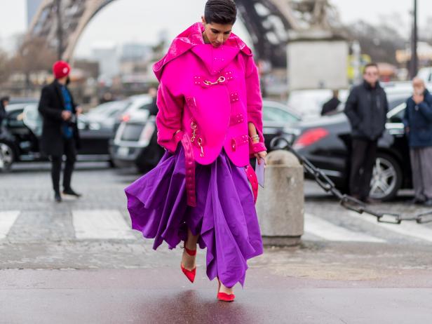 PARIS, FRANCE - MARCH 06:  Deena Aljuhani Abdulaziz wearing a pink jacket, pruple dress outside Hermes on March 6, 2017 in Paris, France. (Photo by Christian Vierig/Getty Images)