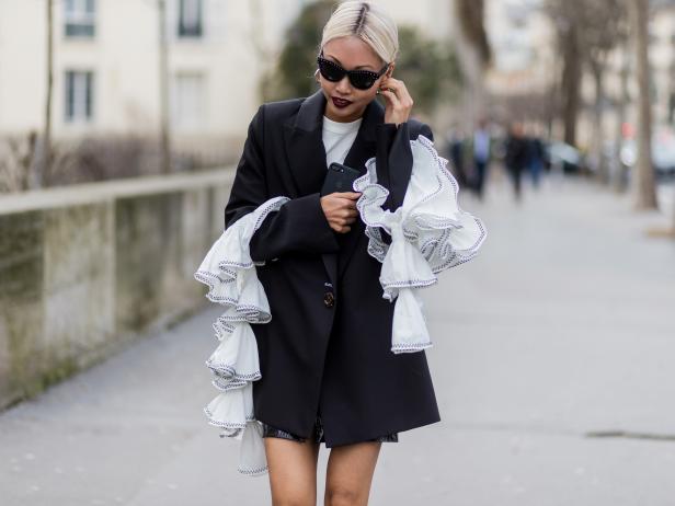 PARIS, FRANCE - MARCH 07: A guest wearing a blazer jacket, ruffled sleeves outside Ellery on March 7, 2017 in Paris, France. (Photo by Christian Vierig/Getty Images)
