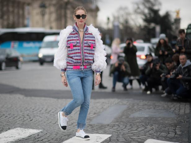 PARIS, FRANCE - MARCH 07:  Chiara Ferragni seen wearing a jacket and shoes from Chanel before  the Chanel show in the streets of Paris on March 7, 2017 in Paris, France.  (Photo by Timur Emek/Getty Images)