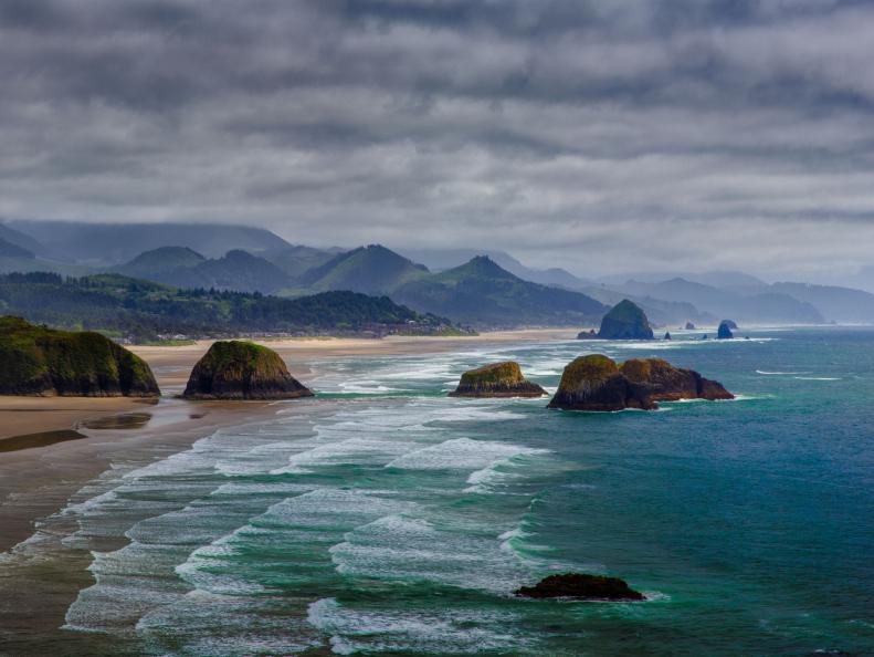 Cannon Beach as viewed from Ecola Viewpoint in Ecola State Park, Oregon.