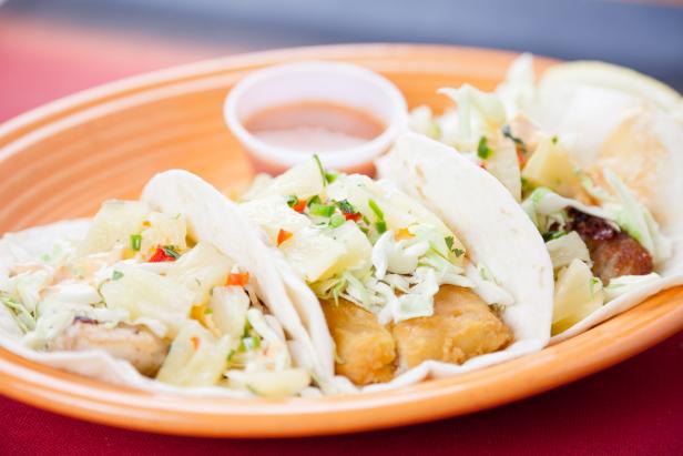 "Mexican food: three gourmet shrimp tacos in soft flour tortillas cooked with battered cod, grilled red snapper and grilled mahi-mahi. Served with pinapple salsa and pico de gallo. You might also be interested in this:"