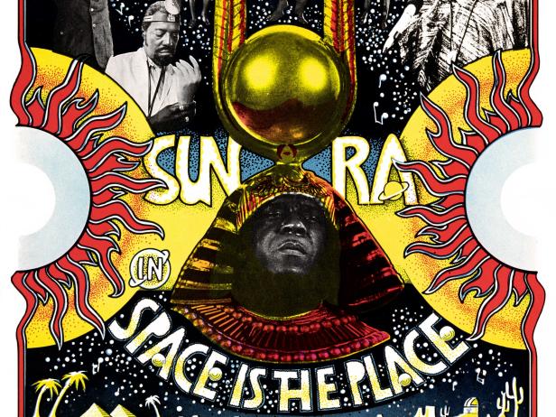 Movie poster advertises the sci-fi 'Space is the Place,' starring Avant-garde jazz musician Sun Ra, 1974. (Photo by John D Kisch/Separate Cinema Archive/Getty Images)