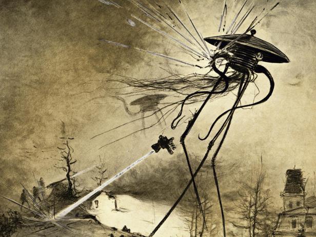 An illustration of Martians attacking from a 1906 edition of The War of the Worlds by H.G. Wells.