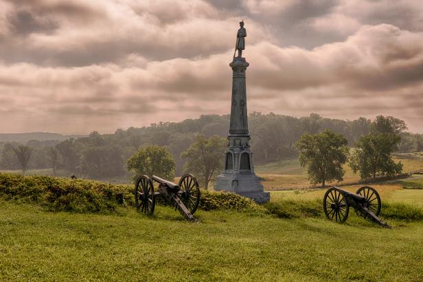 Ohio's Tribute monument to Carroll's Brigade on East Cementery Hill. This marks the spot where the 4th Ohio Infantry repelled an attack of the Confederate army. Photo captured near the entranced to the Evergreem Cemetery at 799 Baltimore St, in Gettysburg, Pennsylvania on July 5, 2013. This photograph consists of 5 exposures blended together using HDR Pro2 software to create a high dynamic range (HDR) image.