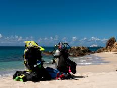 scuba equipment waiting to be put on for a shore dive