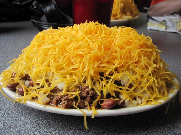 The 5-Way Chili consists of meats, beans, onions and cheddar cheese on top of spaghetti at Camp Washington Chili in Cincinnati.