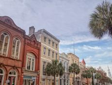 Houses in Historic Charleston, South Carolina with a blue sky background
