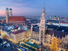 Aerial image of Munich, Germany with Christmas Market and Christmas decoration during sunset.