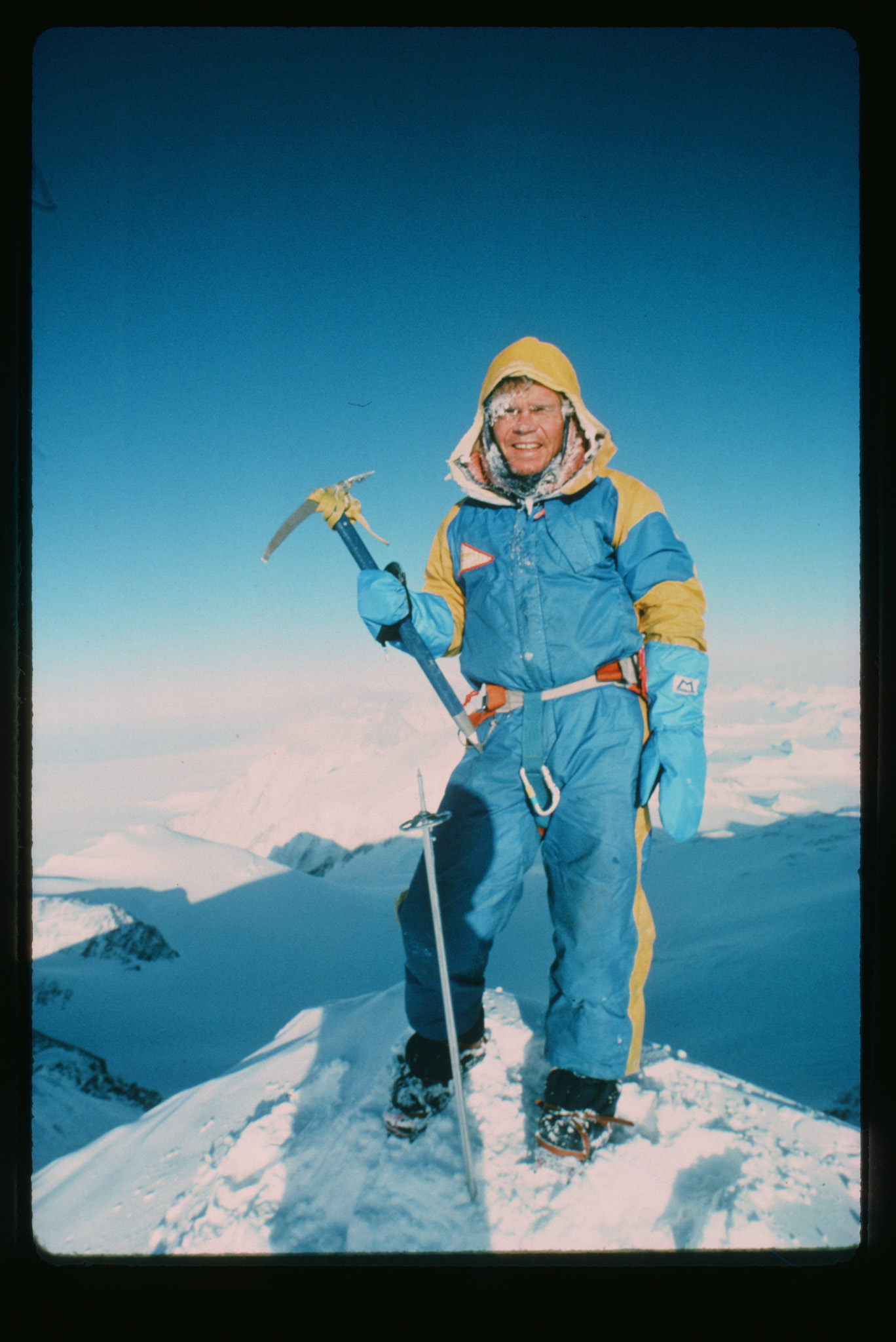 Rick Ridgeway poses on the summit of Vinson Massif, the highest mountain in Antarctica, in December 1983.